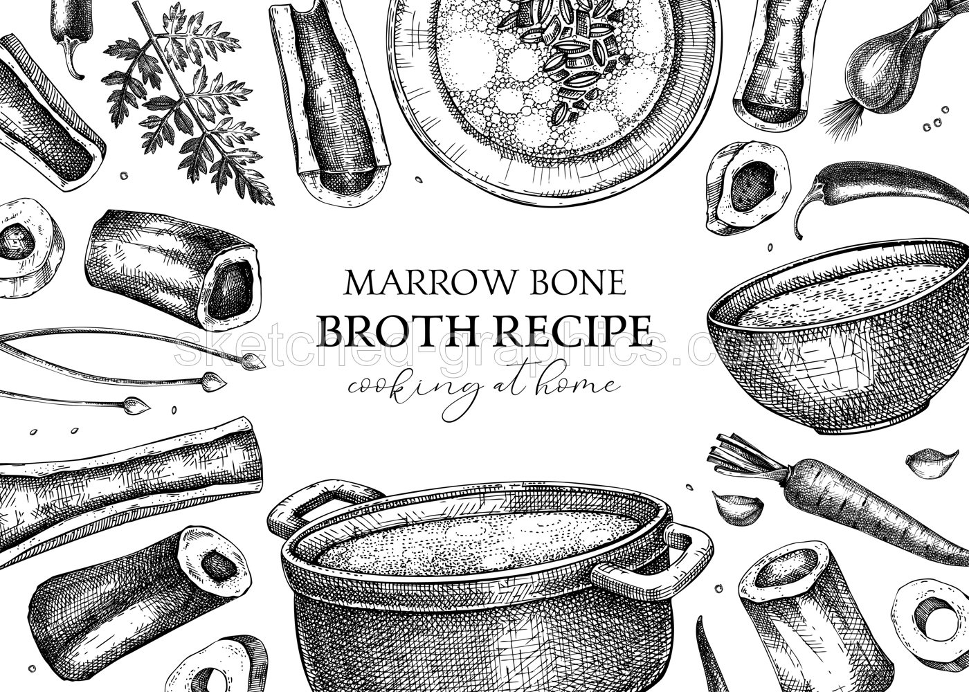 Healthy food background. Marrow bone broth frame. Hot soup served on plates, pans, bowls, vegetables, marrow bones sketches. Engraved vector food illustrations isolated on white background Illustration